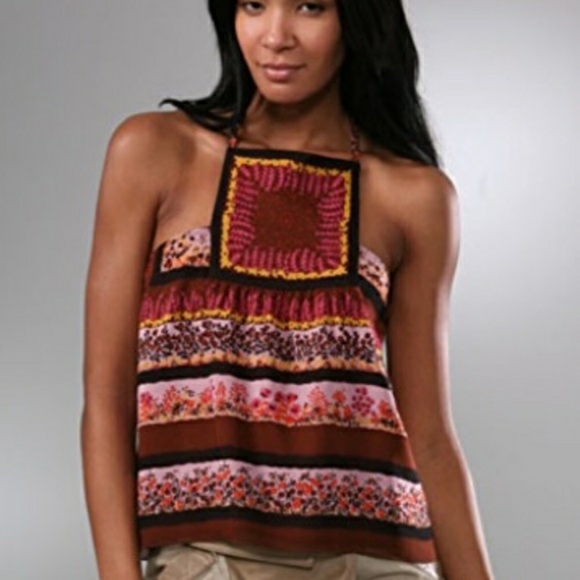 Anna Sui Tops - Anna Sui Silk Brown Floral Square Neck Halter Tank